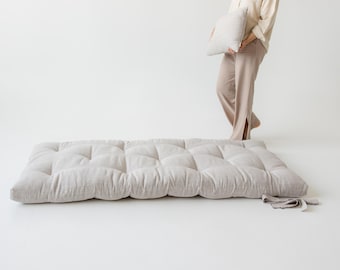 Hemp Linen shikibuton mat 3” thick organic mat with hemp fiber filler inside in natural non-dyed linen fabric