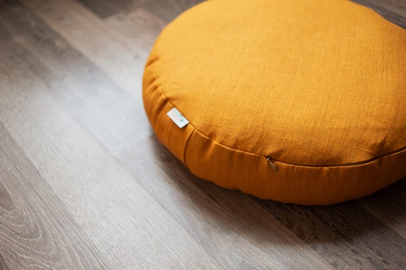 Mustard linen Zafu with cotton linner floor cushion with Buckwheat hulls /Organic Meditation cushion/buckwheat
