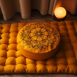 Embroidery Meditation Set Zafu & Zabuton with Buckwheat hulls Mandala Linen Floor cushions Meditation pillow pouf PillowSeat Yoga image 1