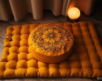 Embroidery Meditation Set Zafu & Zabuton with Buckwheat hulls Mandala Linen Floor cushions Meditation pillow pouf PillowSeat Yoga