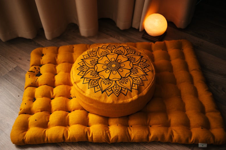 Embroidery Meditation Set Zafu & Zabuton with Buckwheat hulls Mandala Linen Floor cushions Meditation pillow pouf PillowSeat Yoga image 1