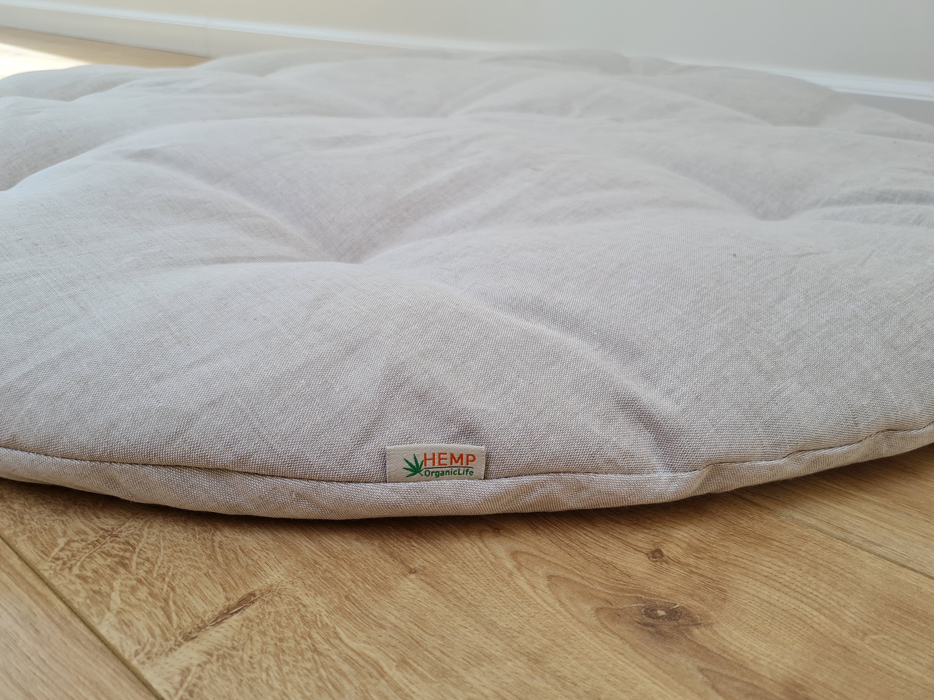 Hemp Linen 1" (2.5 cm) thick Round Play Mat Filled HEMP Fiber in non-dyed linen fabric play Mat Activity Tummy time mat