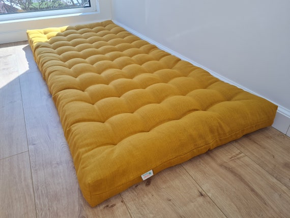 Hemp Linen cushion meditation mat with organic hemp fiber filling in natural linen fabric window bench cushion custom made