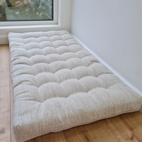 Tapis de coussin en lin et chanvre avec rembourrage en fibre de chanvre biologique et coussin de banc de fenêtre en tissu de lin naturel non teint sur mesure