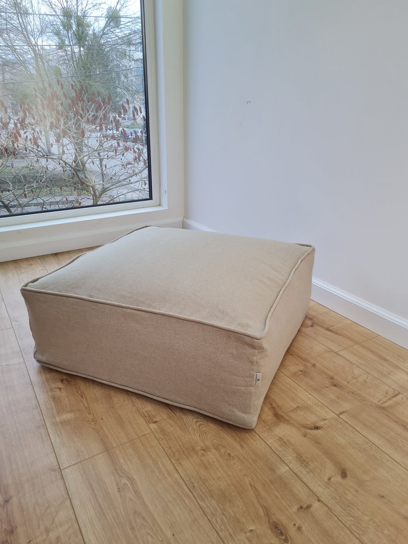 Unique HEMP Floor Cushion Marogan filled organic Hemp Fiber with removable Cover with zipper in natural linen fabric couch settee ottoman zdjęcie 2