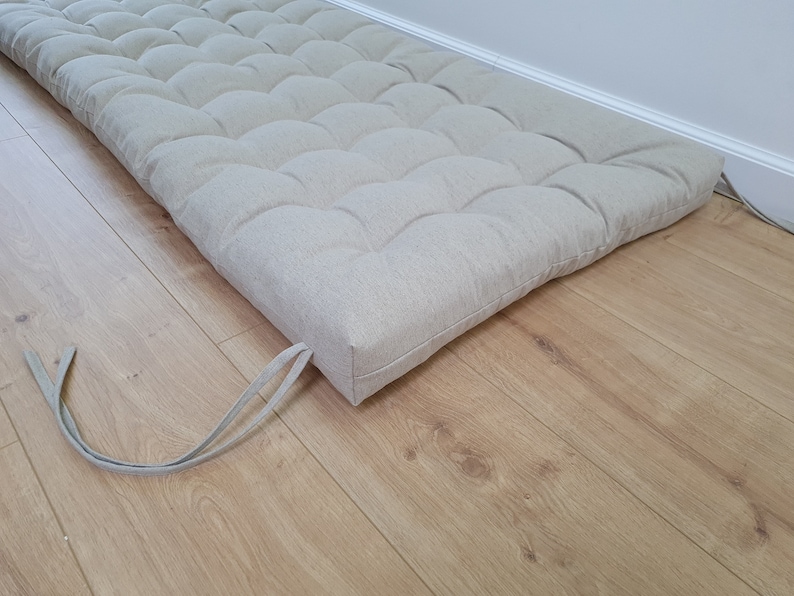 Cojín de lino de cáñamo con lazos relleno de fibra de cáñamo orgánico en tela de lino natural sin teñir, cojín para banco de ventana hecho a medida imagen 5