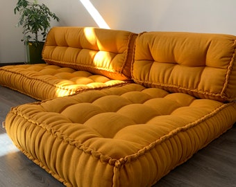 Unique Set of Hemp floor cushions:  two 49"x29"x7.8", plus back cushions of 49"x16"x7.8" and 29"x16"x7.8" filled organic hemp fiber filling