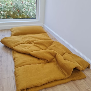 Sac de couchage pour jardin d'enfants en lin avec oreiller, tapis de sieste pour enfants, rembourrage en fibre de chanvre biologique moutarde, fait main