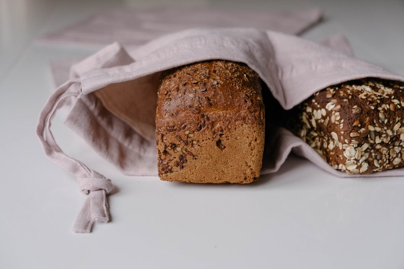 Unique Hemp Linen Bread bag in natural non-dyed hemp fabric inside linen fabric outside storage bag / bread serving & storage basket image 8