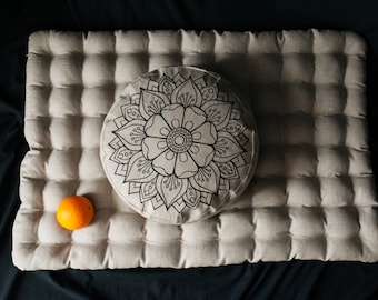 Embroidery Meditation Set Zafu & Zabuton with Buckwheat hulls Mandala Linen Floor cushions Meditation pillow pouf PillowSeat Yoga