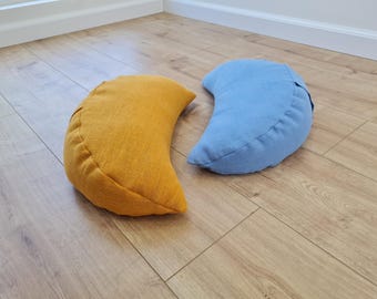 Set of two Yellow & Blue meditation natural Crescent linen cushions filled with buckwheat hulls gift for him for her  Yoga support pillow