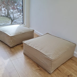 Unique HEMP Floor Cushion Marogan filled organic Hemp Fiber with removable Cover with zipper in natural linen fabric couch settee ottoman zdjęcie 1