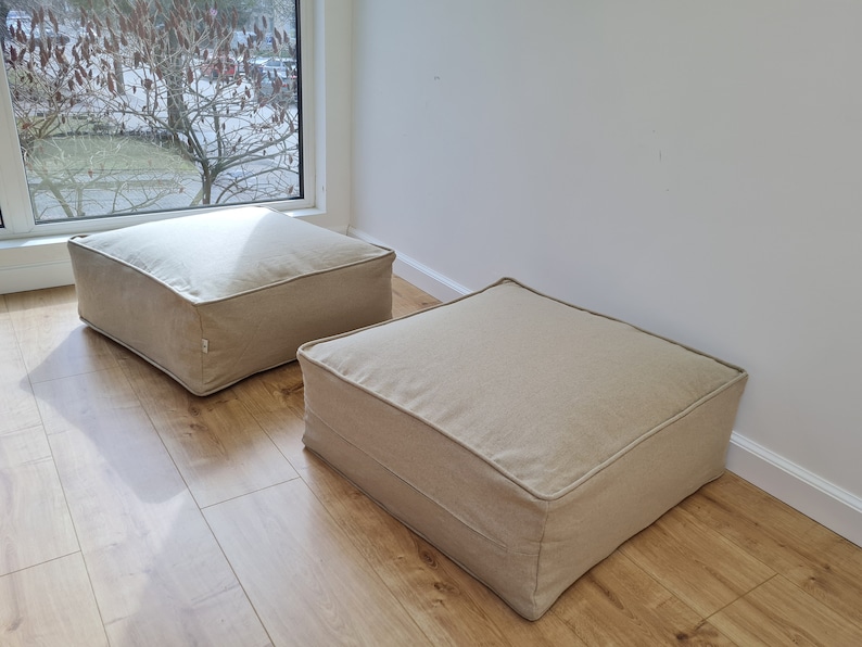 Unique HEMP Floor Cushion Marogan filled organic Hemp Fiber with removable Cover with zipper in natural linen fabric couch settee ottoman zdjęcie 1