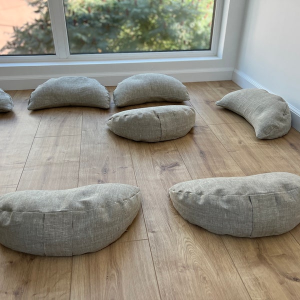 Ensemble de 5 coussins croissants de méditation en lin remplis de coques de sarrasin biologique, studio de yoga au sarrasin de haute qualité