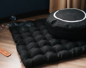 Black Meditation set of Zafu and Zabuton with white ring embroidery floor cushions with organic buckwheat hulls