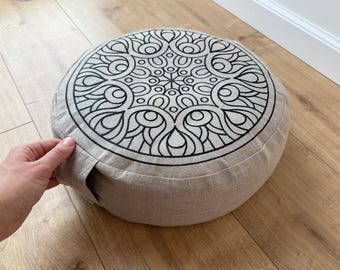 Borduurwerk Zafu-linnen vloerkussen met boekweitdoppen / biologisch meditatiekussen / zitkussen / meditatiekussen voor yogastudio