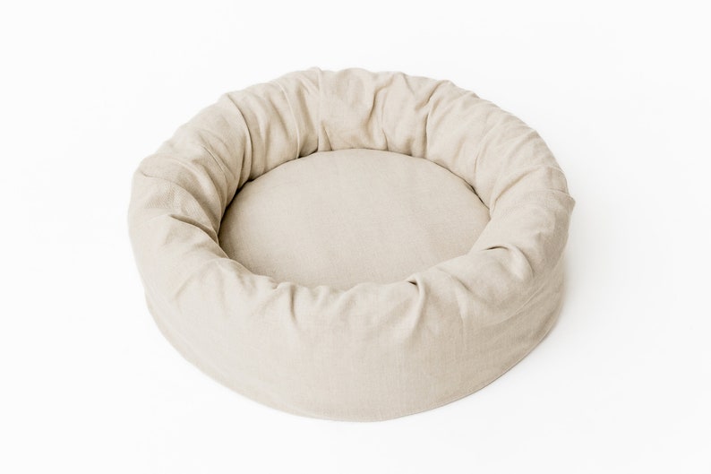 Cuna de cama para mascotas de lino de cáñamo redonda única con cubierta de lino natural no teñida lavable extraíble casa de fibra de cáñamo orgánica rellena regalo ecológico imagen 7