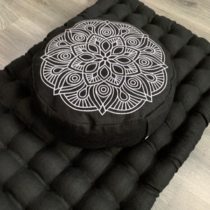Black Meditation set of Zafu and Zabuton with Lotus embroidery floor cushions with organic buckwheat hulls