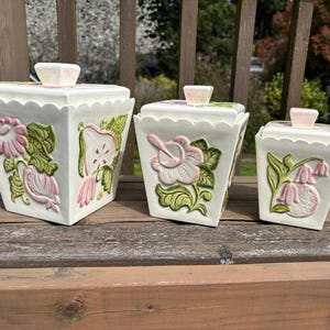 Vintage 1960 Handmade Pottery Canister Set, Signed Dated Studio Ceramic, Floral Hand Painted Kitchen Canisters