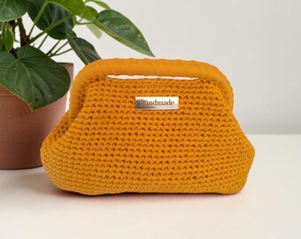 Handmade crocheted cotton clutch bag for women in mustard color, unique handcrafted bag, summer beach accessory, toiletry bag