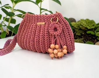 Handmade crochet bag, dusty rose boho bag, boho chic style, shoulder bag, gift for women, wedding/ceremony bag