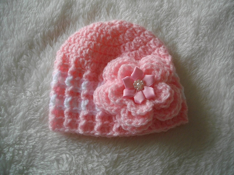 ceremony photo accessory hair pink and white hand made crochet yarn wedding parties Beanie baby girl christening
