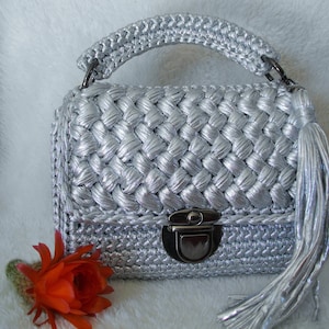 luxury handbag, handmade crochet bag, ceremony bag, shiny silver colored bag, party bag, bag for her, gift for her