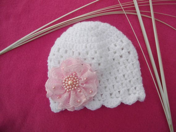 Bonnet Bebe Fille Bapteme Crochete A La Main En Laine Blanche Etsy