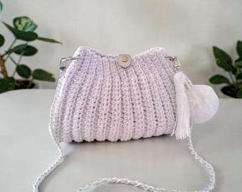 Handmade crochet bag, white bag with silver threads, wedding bag, formal bag, gift for women