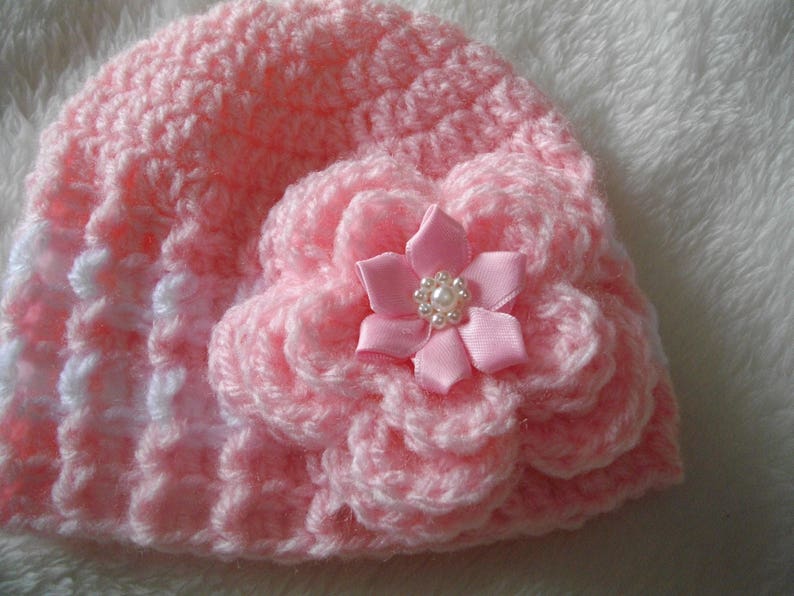 ceremony photo accessory hair pink and white hand made crochet yarn wedding parties Beanie baby girl christening