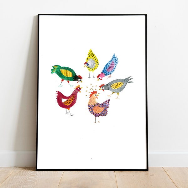 Handmade folk art chicken watercolor painting, colorful decorative illustration; art wall hanging for children, kid room, nursery