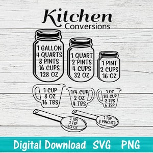 キッチン測定変換チャート SVG、印刷可能なチートシート、メイソンジャー SVG、キッチンデジタルファイル、Cricut および Silhouette 用カットファイル