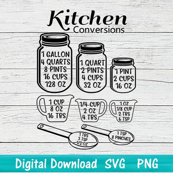 Kitchen Measurement Conversion Chart SVG, Printable Cheat Sheet, Mason Jar SVG, Kitchen digital file, Cut File  for Cricut and Silhouette