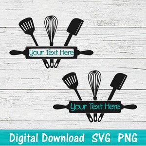 May include: Black and white silhouette of a rolling pin with a spatula, whisk, and a spatula on either side. The rolling pin has the text "Your Text Here" on it.