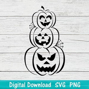 Puede incluir: Silueta en blanco y negro de tres calabazas talladas en forma de cabeza de muerto apiladas con diferentes expresiones faciales. La calabaza de arriba sonríe, la calabaza del medio sonríe y la calabaza de abajo tiene una expresión de miedo.