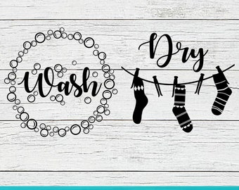 Washer Dryer Laundry Room design SVG PNG digital files, Cutting files for Cricut Silhouette, Laundry room decor, soap bubbles, clothespins