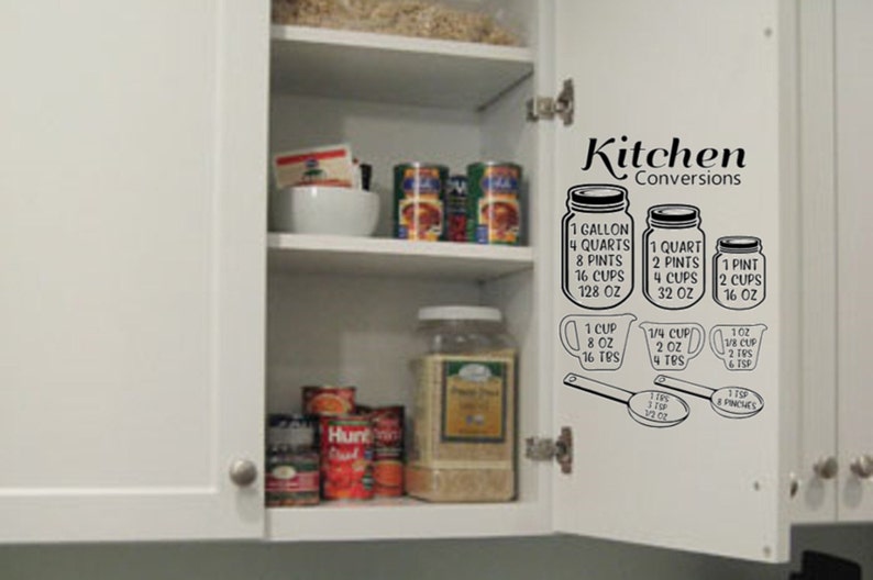 May include: A white kitchen cabinet door with a black and white kitchen conversion chart sticker. The chart includes measurements for gallons, quarts, pints, cups, ounces, tablespoons, and teaspoons. The text on the sticker reads "Kitchen Conversions".