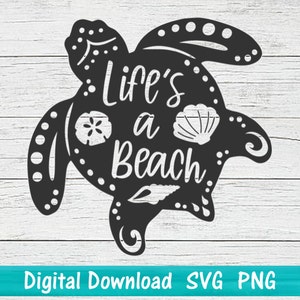 Archivo de corte SVG de vida en la playa con tortuga marina, archivo de corte digital de silueta de Cricut, clipart PNG de playa de Hawái, diseño de vida en la playa, tortuga hawaiana