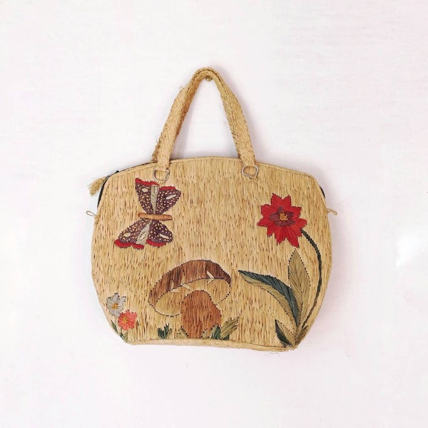Panier En Paille Vintage Brodé Coloré - Sac à Main Porté épaule, Occasion