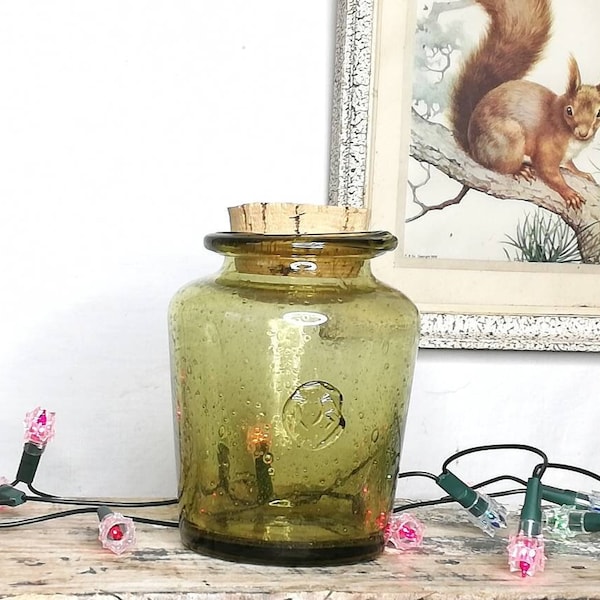 Bocal pot en verre bullé La Rochère (façon Biot) vintage français, bouchon liège, verre soufflé antique, Mason jar