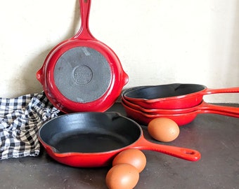 Poêle en fonte émaillée vintage français NOMAR (comme Le Creuset) 20 cm fabriqué en France, poêlon rouge flamme, à l'unité, skillet cocotte