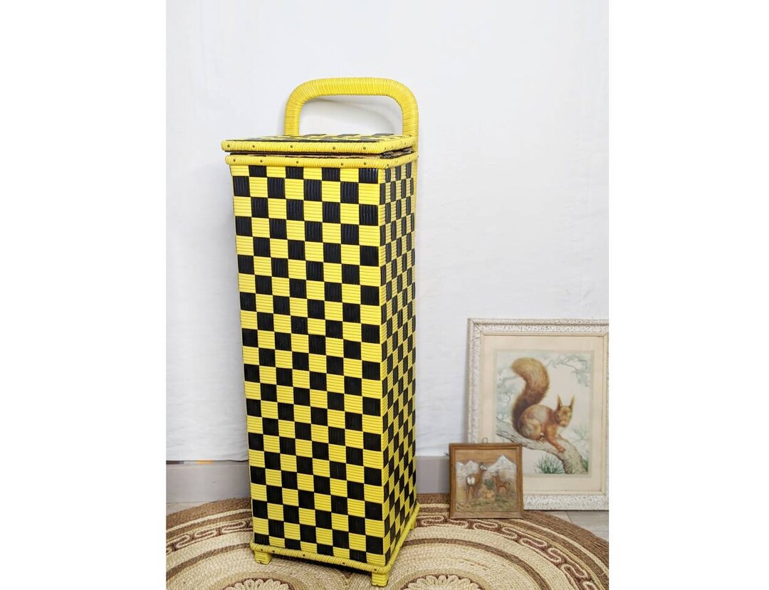 Vintage French Bread Box 1950, Plastic Woven Wood, Yellow and Black