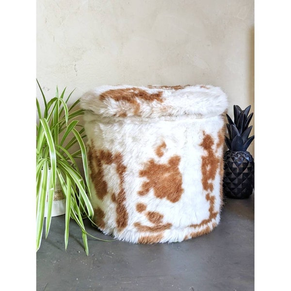 Pouf de rangement fourrure vintage français 1970, motif vache, imprimé animal, peluche, tabouret, coffre déhoussable