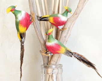 Decorazione per albero di Natale vintage anni &#39;70 a forma di uccello con piume vere, decorazione vegetale, 30 cm, singolarmente
