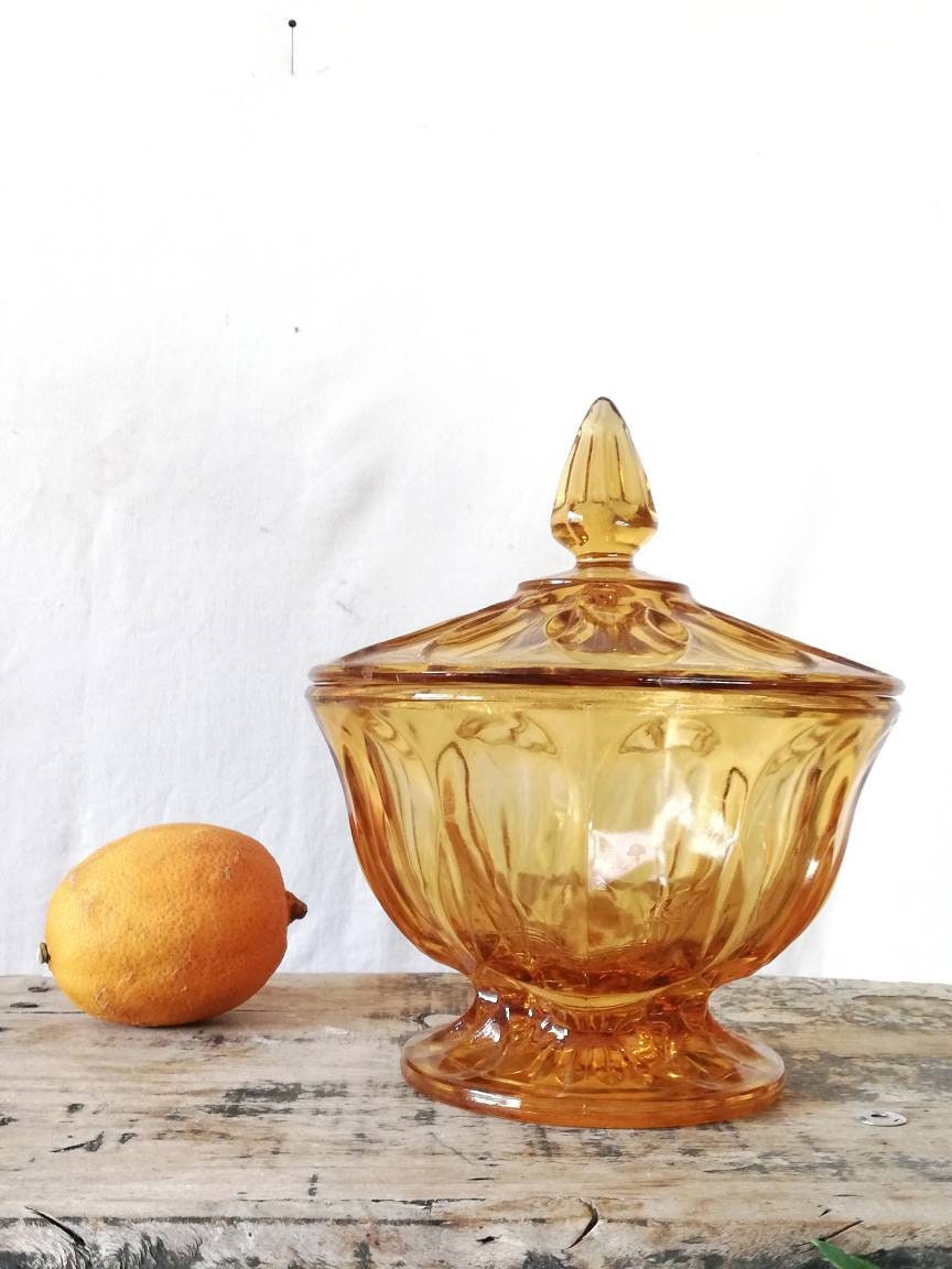 Bonbonnière en Verre Ciselé Vintage Français, Jaune Ambré, Bocal Verre, Bol, Saladier, Sucrier