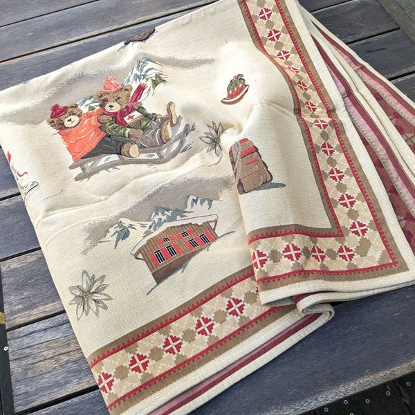 Nappe de Noël / jeté de fauteuil vintage jacquard motif oursons, tapisserie, jeté de table carré 153 x 143 cm, inutilisé, scandinave