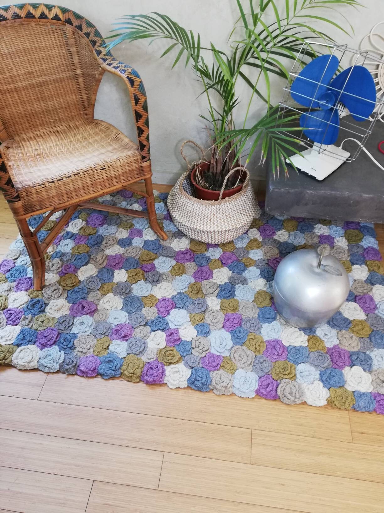 Tapis en Crochet Granny Fait Main, Fleurs Roses Relief Pastel, 160 X 100 cm, Romantique Campagne, Vi