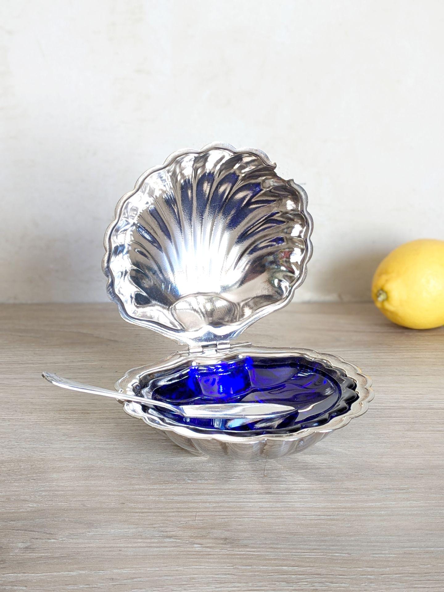 Vintage Silver Metal Caviar/Butter Dish Shell Serving Dish with Box, Blue Glass Plate, Collectible