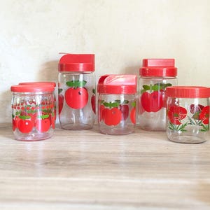 Set of 6 HENKEL GULF vintage glass jars from the 1970s, tomato and apple design, red plastic lids, advertising edition, kitchen containers