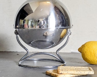 Vintage 1970s French Space Age stainless steel sugar bowl, spherical biscuit tin, metal sphere